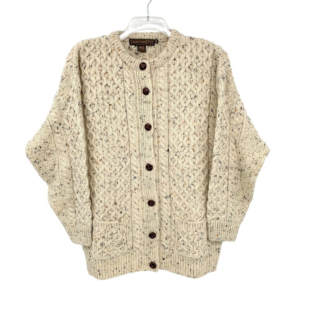Vintage Inis Crafts Fisherman Cardigan Sweater 100% Wool Womens M